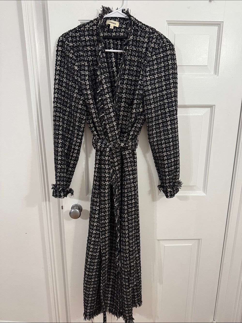 L'AGENCE Black and White Tweed Long Sleeve Wrap Coat with Fringe